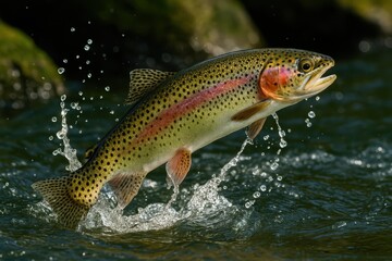 Wild rainbow trout leaping from crystal river with water droplets suspended mid air against mossy rocks in bright mountain light