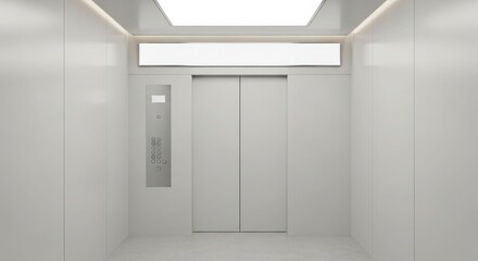 Modern minimalist elevator interior with closed doors, sleek white walls, and subtle lighting.