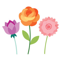 Fototapeta premium Three stylized flowers in pink purple and orange on white