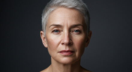Fototapeta premium Mature woman portrait gray hair aging gracefully beauty skincare model female face close up elegant style
