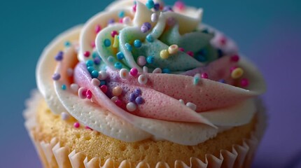 Close up shot of a cupcake with white frosting and colorful sprinkles on a blue purple background
