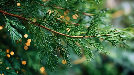 Closeup Of Fresh Green Fir Branches With Golden Bokeh