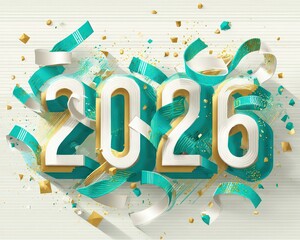 2026 New Year Celebration Design with Teal and Gold Ribbons