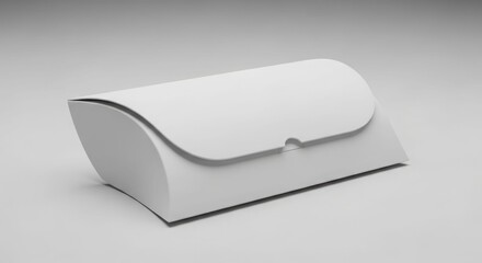A white, pillow-shaped cardboard box with a flap closure sits on a light gray surface, casting a soft shadow.