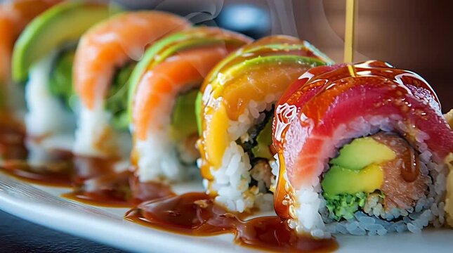 Close up of colorful sushi rolls with avocado and tuna being drizzled with a dark sauce on a white plate