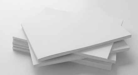 Stack of blank white brochures or papers on a white surface.