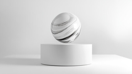 Swirling marble ball hovers gracefully above sleek white base, creating striking visual contrast. smooth surface and elegant design evoke sense of modern sophistication and tranquility