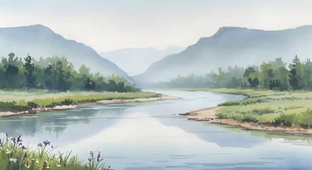 Fototapeta premium Serene River Valley: A tranquil watercolor captures a valley bisected by a meandering river, flanked by rolling hills, a testament to the quiet beauty of nature.