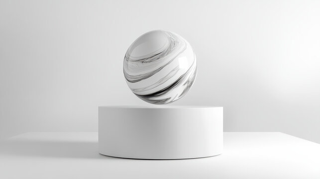 Swirling marble ball hovers gracefully above sleek white base, creating striking visual contrast. smooth surface and elegant design evoke sense of modern sophistication and tranquility
