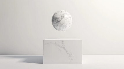 Textured marble ball floating above pristine white pedestal creates striking visual contrast. minimalist design emphasizes elegance and sophistication, perfect for modern decor