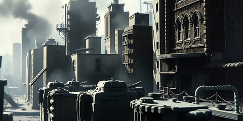 A panoramic, high-resolution shot of a grim, industrial cityscape with a complex array of pipes, vents, and smoke rising between tall, grimy buildings.