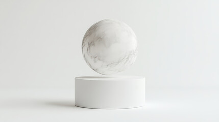 Textured marble ball floating above pristine white pedestal creates striking visual contrast. smooth surface and elegant design evoke sense of modern sophistication and minimalism