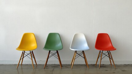 Four Colorful Mid Century Modern Chairs Against White Wall
