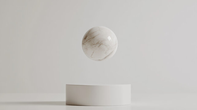 Textured marble ball floats gracefully above pristine white pedestal, creating striking visual contrast. smooth surface and elegant design evoke sense of modern sophistication and tranquility