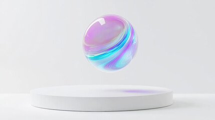 Vibrant marble ball floats gracefully in mid air above clean white platform, showcasing mesmerizing blend of colors that evoke sense of wonder and tranquility