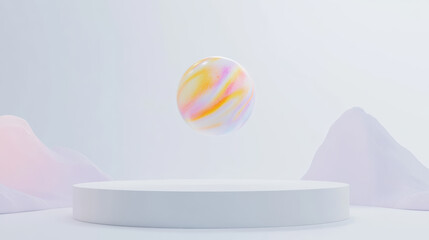 Vibrant marble ball floats gracefully in mid air above clean white platform, surrounded by soft pastel mountains. scene evokes sense of tranquility and wonder