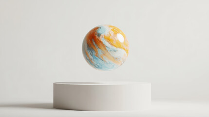 Vibrant marble ball floats gracefully above clean white platform, showcasing blend of orange, blue, and white colors. scene evokes sense of wonder and tranquility
