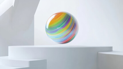Vibrant marble ball levitating over sleek white platform creates stunning visual effect. colorful swirls of ball contrast beautifully with minimalist background, evoking sense of wonder