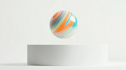 Vibrant marble ball levitating over sleek white platform creates striking visual effect. colorful swirls of orange, blue, and green evoke sense of wonder and playfulness