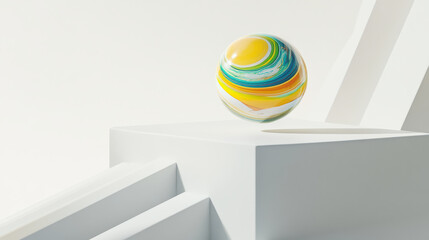 Vibrant marble ball levitating over sleek white platform creates striking visual contrast. colorful swirls of marble add playful touch to minimalist design, evoking sense of wonder and creativity