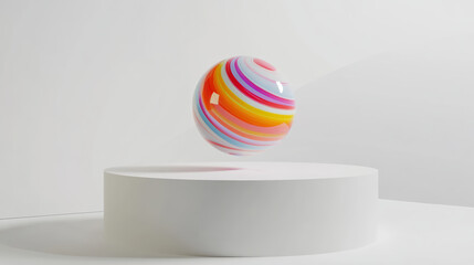 Vibrant marble ball levitating over sleek white platform creates striking visual contrast. colorful swirls of ball evoke sense of playfulness and creativity