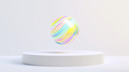 Vibrant marble ball levitating over sleek white platform creates captivating visual effect. colorful swirls of ball reflect light beautifully, enhancing overall aesthetic appeal