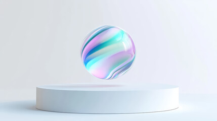 Vibrant marble ball levitating over sleek white platform creates mesmerizing visual effect. soft pastel colors blend beautifully, evoking sense of tranquility and wonder