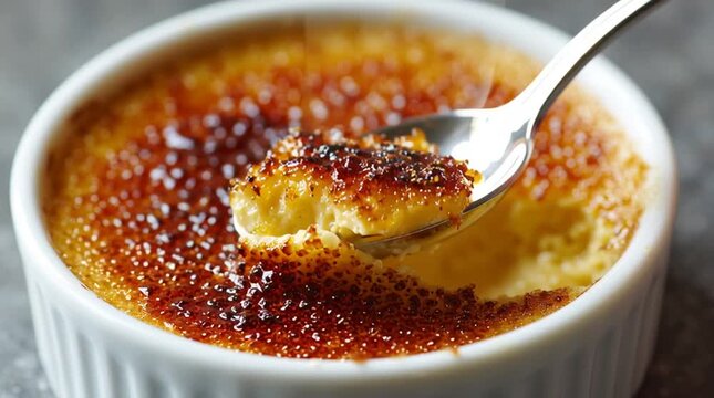 Close up of cr&egrave;me br&ucirc;l&eacute;e in a white ramekin with a spoon scooping a bite of the caramelized dessert