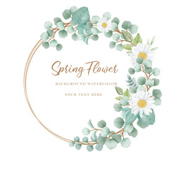 Watercolor flowers rose wreath with golden circle