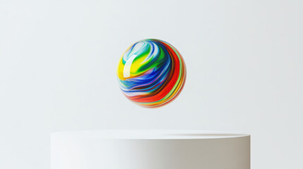 Vibrant marble ball floats gracefully above smooth white surface, showcasing swirl of colors including red, blue, green, and yellow. scene evokes sense of wonder and playfulness