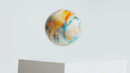 Vibrant marble ball floats gracefully above smooth white surface, showcasing blend of colors including orange, blue, and white. scene evokes sense of wonder and creativity