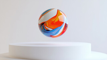 Vibrant marble ball suspended over smooth white platform creates striking visual contrast. swirling colors of red, blue, and orange evoke sense of energy and creativity