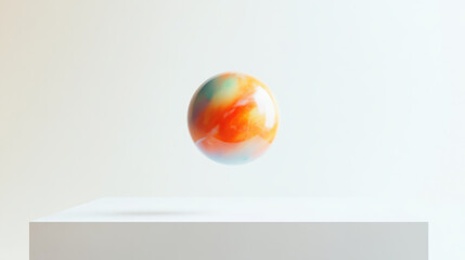 Vibrant marble ball floats gracefully above smooth white surface, showcasing blend of orange, blue, and cream colors. serene composition evokes sense of calm and wonder