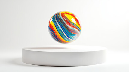 Vibrant marble ball suspended over smooth white platform creates striking visual contrast. colorful swirls evoke sense of playfulness and creativity, captivating viewer attention