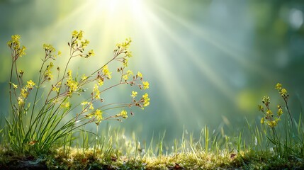 Dewy Yellow Flowers In Morning Sunlight
