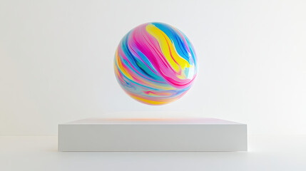 Vibrant marble ball suspended over smooth white platform creates striking visual contrast. colorful swirls of pink, blue, and yellow evoke sense of playfulness and creativity