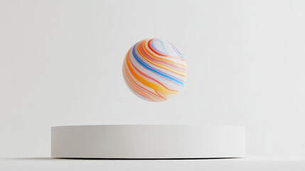 Vibrant marble ball floats gracefully above smooth white platform, showcasing swirl of colors including orange, blue, and pink. minimalist design emphasizes ball dynamic patterns and textures