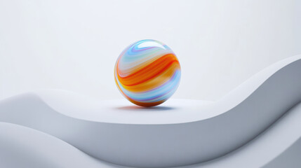 Vibrant marble ball with swirling colors of orange, blue, and white, elegantly balanced smooth white surface, creates captivating visual effect. soft curves of background enhance marble beauty
