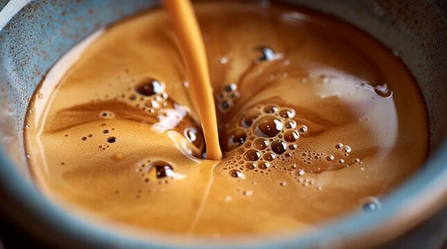 Close up of coffee being poured into a cup creating bubbles and a swirling pattern in the liquid