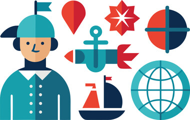 Columbus day flat vector icon set ships compass navigation tools illustration vector