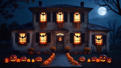 Una casa embrujada decorada para Halloween con calabazas iluminadas, murciélagos y una luna llena en un cielo oscuro.