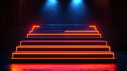 Neon-lit concrete steps ascend in a dramatic dark room, illuminated by vibrant orange and red light.