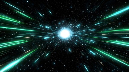 A radiant explosion of teal and emerald light beams radiates outward from a brilliant central point against a backdrop of glittering cosmic dust.
