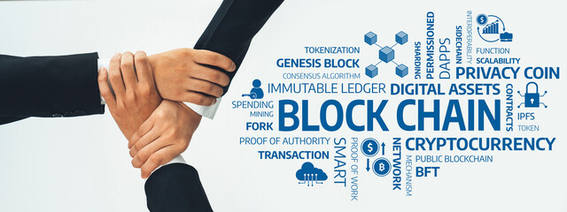 Office worker team stacking hand together symbolize successful group of business partnership and strong collective unity teamwork in community workplace in panoramic banner. Shrewd Amity