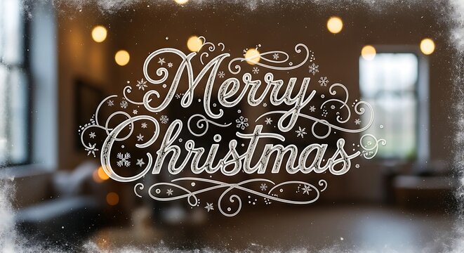 Merry christmas hand lettering on window with blurred interior, a cozy and festive holiday greeting card with a warm ambiance