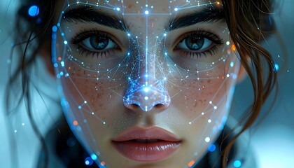 A close-up of a woman's face, overlaid with glowing lines and points suggesting digital facial recognition