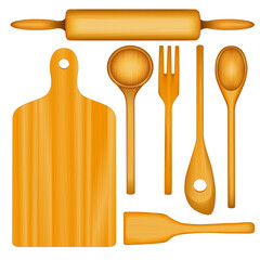 Wood kitchen tools set, cutting board, spoons, fork, slotted spoon, spatula, rolling pin. Seven popular kitchen utensils with wood grain in decorative pattern. Isolated on white background
