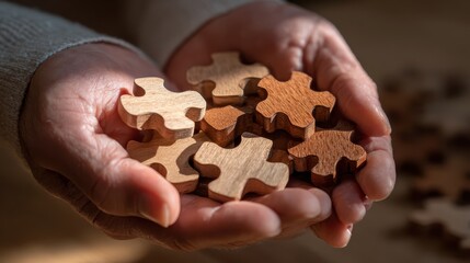 Completing the Puzzle: A close-up shot of hands cradling a collection of wooden jigsaw puzzle pieces. The image is symbolic, hinting at completion, unity.