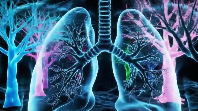 Anatomical illustration showcasing human lungs and respiratory system with trachea and bronchi in vibrant blue and purple hues for medical visualization.