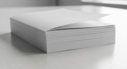 A stack of blank white paper sits on a light-colored surface, with the top sheet slightly lifted, suggesting readiness for use.